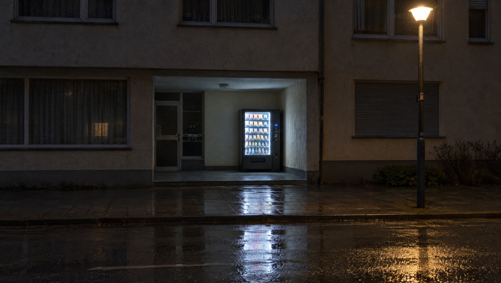 Beleuchteter Warenautomat in einer Hauseingangsnische bei Nacht