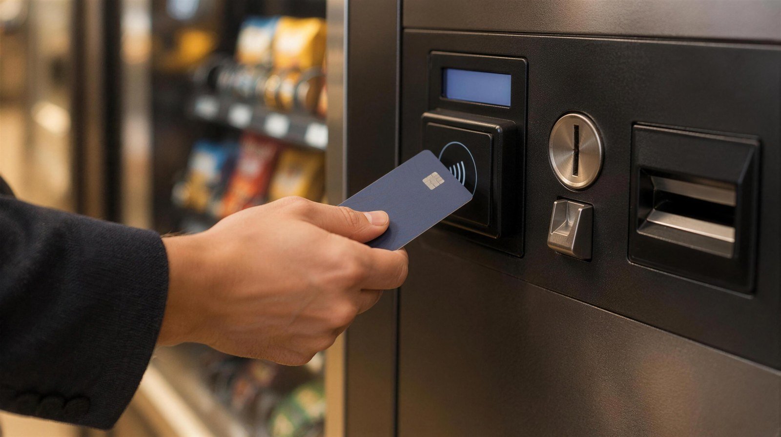 Hand hält eine Bankkarte an das kontaktlose Lesefeld eines Warenautomaten