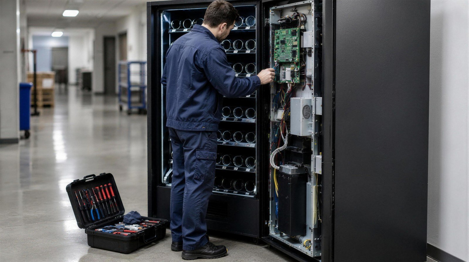 Servicetechniker prüft die Technik eines geöffneten Warenautomaten